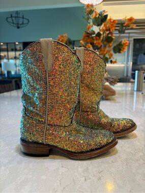 Tanner Mark Girls Mermaid Blue Glitter Leather Western Boots Square Toe Sz 10